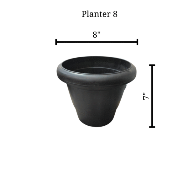 Durable planter available in sizes 8" to 20", in black and brown colors. Perfect for indoor and outdoor plants with efficient drainage.