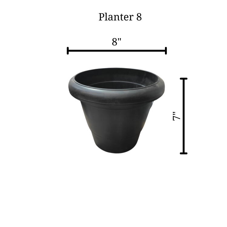 Durable planter available in sizes 8" to 20", in black and brown colors. Perfect for indoor and outdoor plants with efficient drainage.